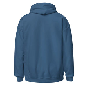 Back view of unisex indigo blue heavy blend hoodie with plain design
