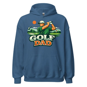 Indigo blue hoodie with 'Golf Dad' graphic and golfer illustration on front.