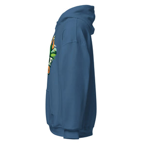 Indigo blue unisex hoodie with colorful front graphic, side view, kangaroo pocket and hood