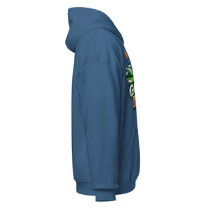 Unisex indigo blue hoodie with colorful graphic print, side view