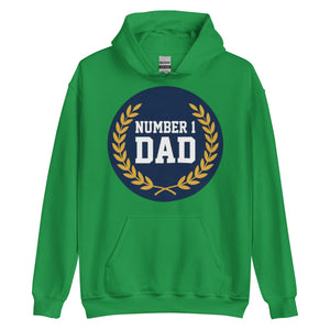 Irish green unisex hoodie with 'Number 1 Dad' text and gold laurel design on front.