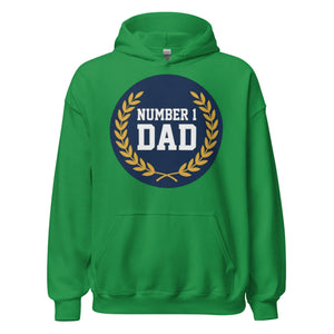 Irish green unisex hoodie with 'Number 1 Dad' text and gold laurel graphic on front