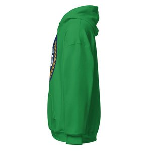 Unisex Irish green hoodie with front emblem, side view, cozy home apparel