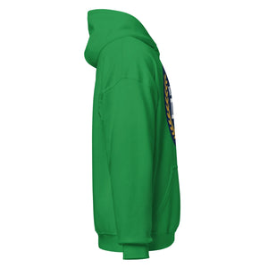 Unisex Irish green hoodie, side view with partial round graphic on back, front pocket