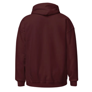 Back view of unisex maroon heavy blend hoodie with hood and ribbed cuffs