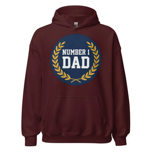 Maroon unisex hoodie with 'Number 1 Dad' and gold laurel wreath graphic on front