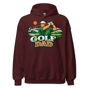 Maroon unisex hoodie with golf dad graphic and golfer illustration on the front