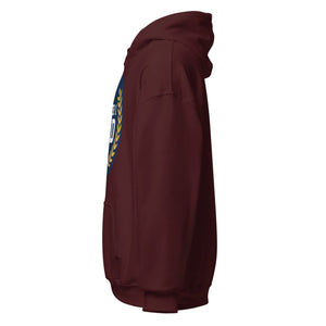 Unisex maroon heavy blend hoodie with graphic emblem, left side view