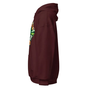 Unisex maroon hoodie with colorful front graphic, side view, kangaroo pocket, drawstring hood