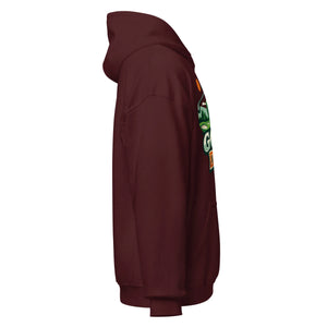 Maroon unisex hoodie with colorful graphic design on side, right view, front pocket visible