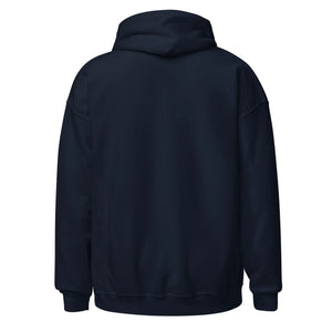 Back view of a plain navy unisex heavy blend hoodie with drawstring hood and ribbed cuffs