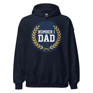 Navy unisex hoodie with 'Number 1 Dad' text and gold laurel graphic on front