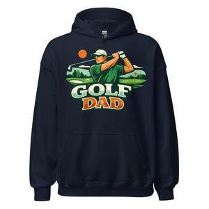 Navy blue unisex hoodie with "Golf Dad" text and golfer graphic on front