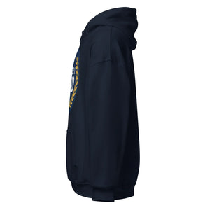 Unisex navy blue hoodie with front pocket and partial front graphic, side view