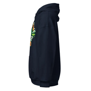 Navy unisex hoodie with colorful graphic and front pocket, shown from left side view