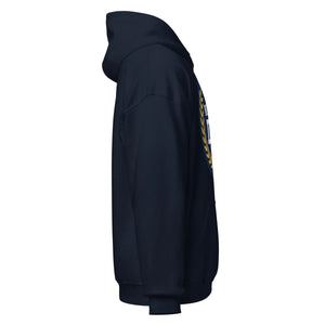 Unisex navy blue heavy blend hoodie side view with minimal graphic detail
