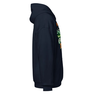 Navy unisex hoodie with colorful graphic print, side view, front pocket visible