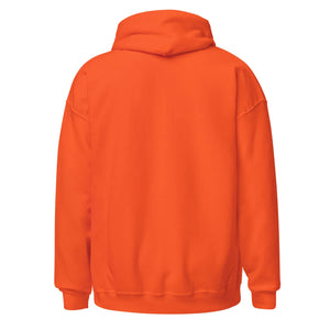 Unisex heavy blend hoodie in solid orange, back view, with relaxed fit and ribbed cuffs.