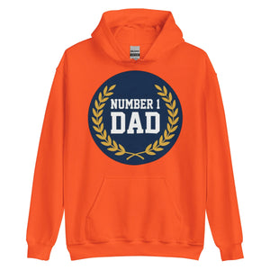 Orange unisex hoodie with 'Number 1 Dad' and laurel wreath graphic on front
