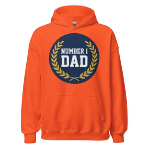 Orange unisex hoodie with 'Number 1 Dad' and laurel wreath graphic on front