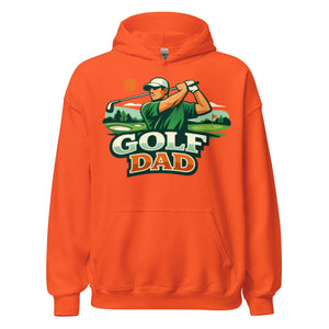 Orange unisex hoodie with Golf Dad graphic and golfer illustration on front