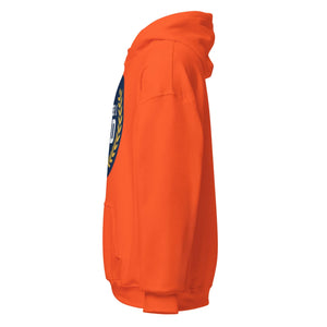 Unisex heavy blend orange hoodie with partial front graphic, side view