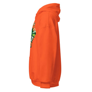 Unisex orange hoodie with graphic print, side view, kangaroo pocket, cozy sweatshirt