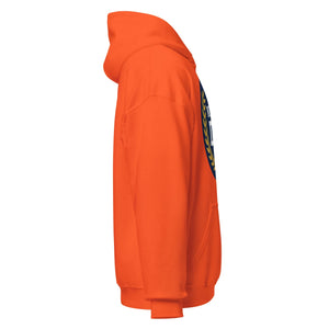 Unisex heavy blend orange hoodie with side view and partial graphic on back