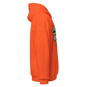 Unisex orange heavy blend hoodie with front graphic, side view