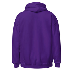 Unisex heavy blend hoodie in solid purple, shown from the back with a hood and ribbed cuffs