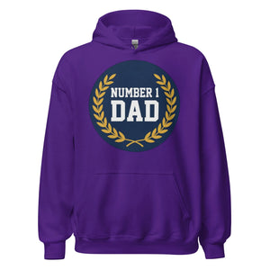 Purple unisex hoodie with 'Number 1 Dad' and laurel wreath graphic on front