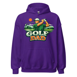 Purple unisex hoodie with Golf Dad graphic and golfer illustration on the front