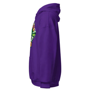 Unisex purple hoodie with colorful front graphic, side view, cozy casual sweatshirt
