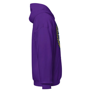 Unisex heavy blend hoodie in purple with side pocket and partial back graphic detail