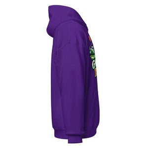 Purple unisex heavy blend hoodie with colorful front graphic, side view