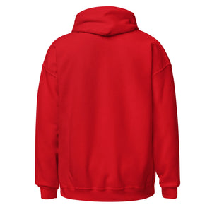 Unisex heavy blend red hoodie, back view, plain cozy sweatshirt