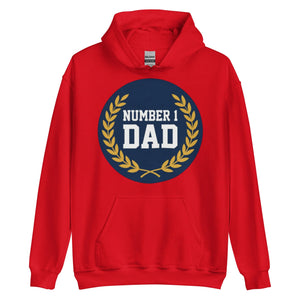 Red unisex hoodie with 'Number 1 Dad' text and gold laurel design on the front