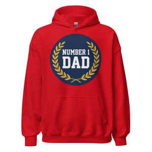 Red unisex hoodie with Number 1 Dad graphic and gold laurel wreath on front.