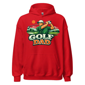 Red unisex hoodie with graphic of golfer, sunset, and 'Golf Dad' text on front.