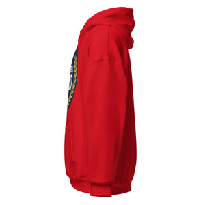 Unisex red hoodie with front graphic print, side view, kangaroo pocket, drawstring hood