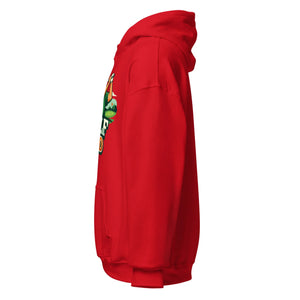 Unisex red graphic hoodie with front pocket, side view, bold printed design visible