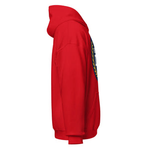 Unisex red heavy blend hoodie side view with partial back graphic detail
