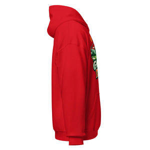 Red unisex hoodie with colorful outdoor-themed graphic, right side view