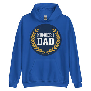 Royal blue unisex hoodie with 'Number 1 Dad' and laurel wreath graphic on front.