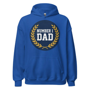 Royal blue unisex hoodie with 'Number 1 Dad' and gold laurel wreath graphic on front