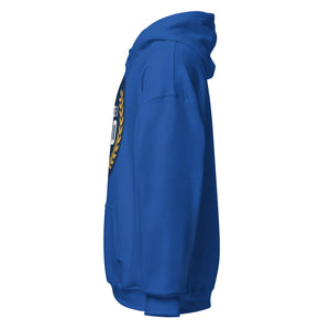 Royal blue unisex hoodie side view with partial logo and gold laurel detail