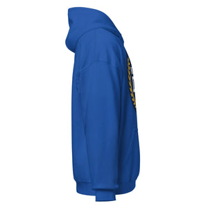 Unisex royal blue hoodie with front pocket and partial graphic on back, side view