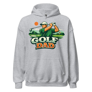 Sport grey hoodie with Golf Dad graphic featuring golfer illustration and golf course background