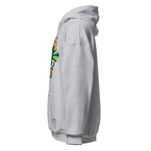 Unisex sport grey hoodie side view with colorful graphic design on front
