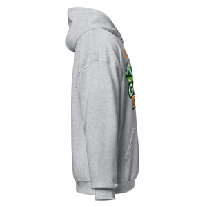 Sport grey unisex hoodie with colorful graphic print on the chest, side view